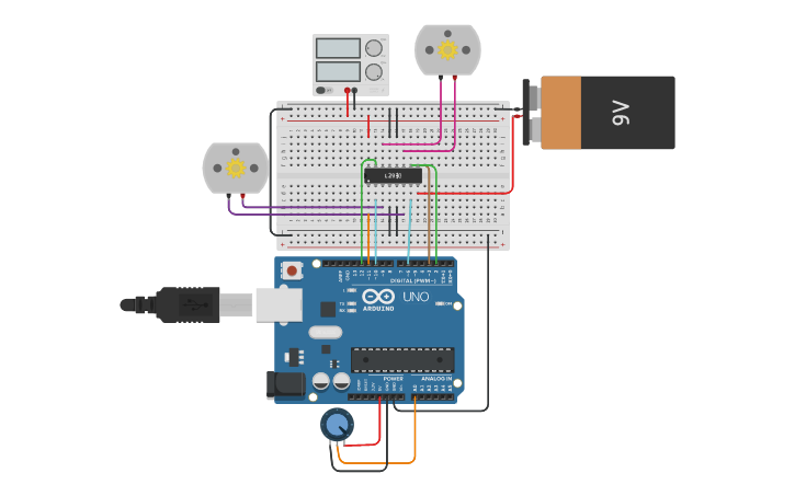 Circuit design serial communication 2 motors | Tinkercad