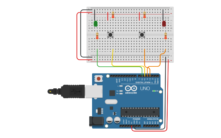 Circuit design 2 botoes 2 led | Tinkercad