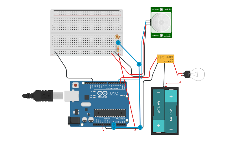 Circuit design ACENDER LAMPADA COM SENSOR DE LUZ E DE PRESENÇA | Tinkercad