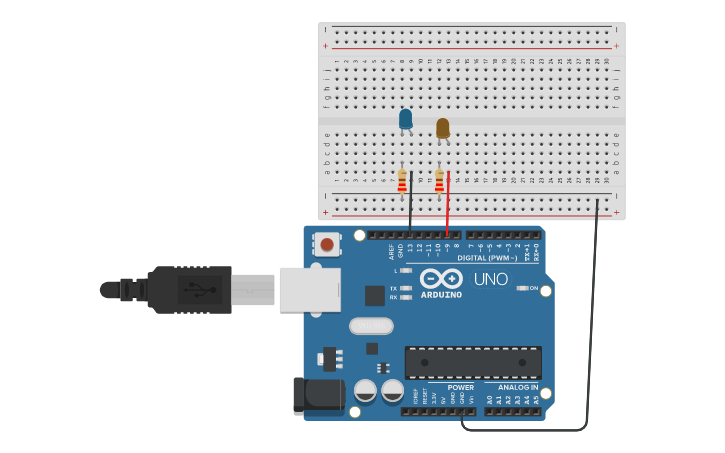 Circuit design simulacion con 2 leds en arduino - Tinkercad