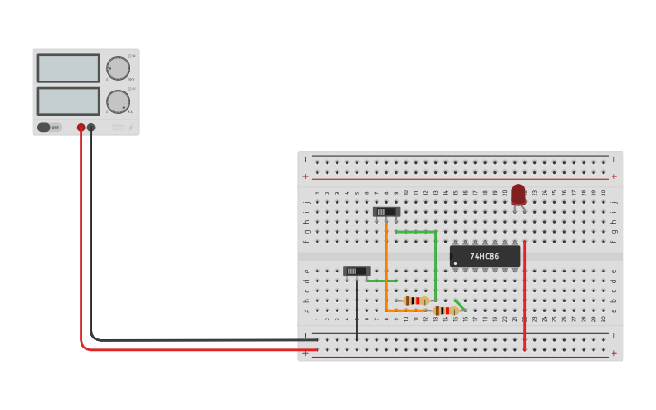 Circuit design bread board circuit IC chip XOR gate - Tinkercad
