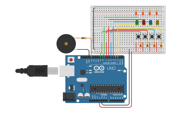 Circuit design Simon Dice - Arduino Uno R3 - Tinkercad