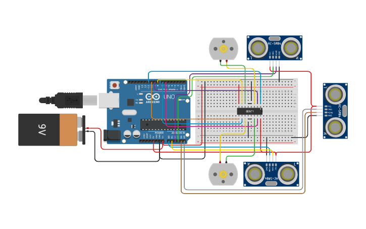 Circuit design L293D con SR04 | Tinkercad