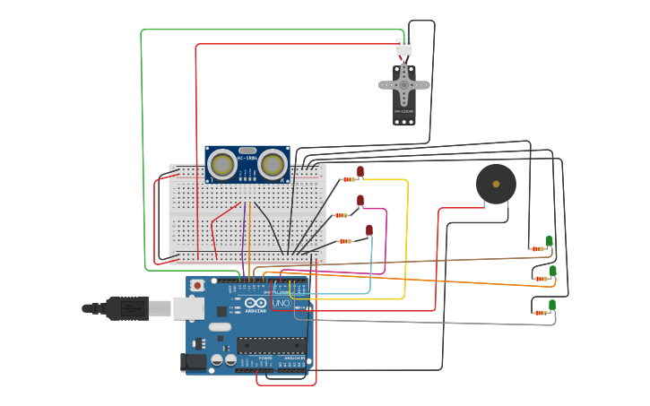 Circuit design LEDs, Sensor Ultrasonido, servomotor y buzzer | Tinkercad