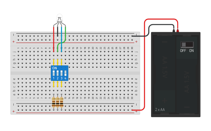 Circuit design Exercício 1: LED RGB com interruptor - Tinkercad