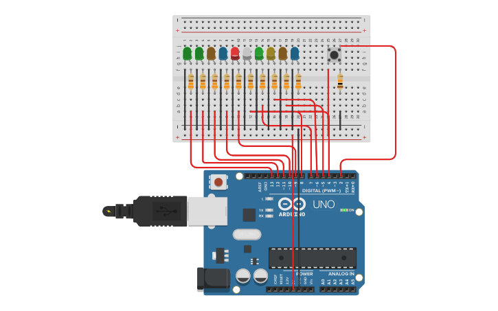 Circuit design Copy of Secuencia de 6 LED con pulsador - Tinkercad