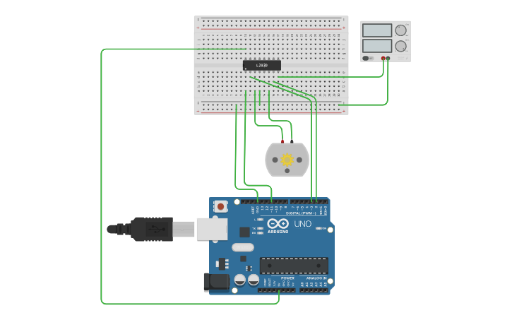 Circuit design Arduino controls DC motor with L293 - Tinkercad