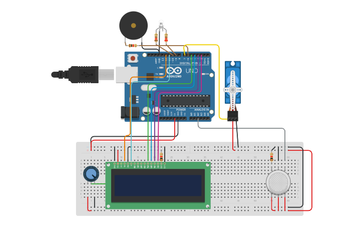 Circuit design Gas Detector w/ buzzer and range - Tinkercad