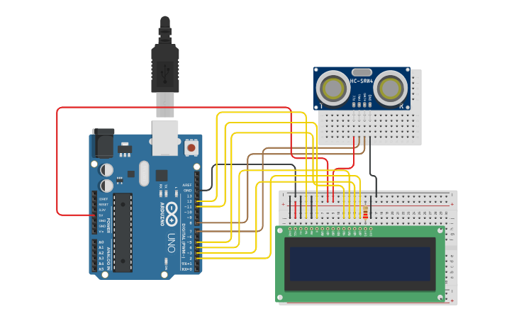 Circuit design Sensore ad Ultrasuoni + LCD - Tinkercad