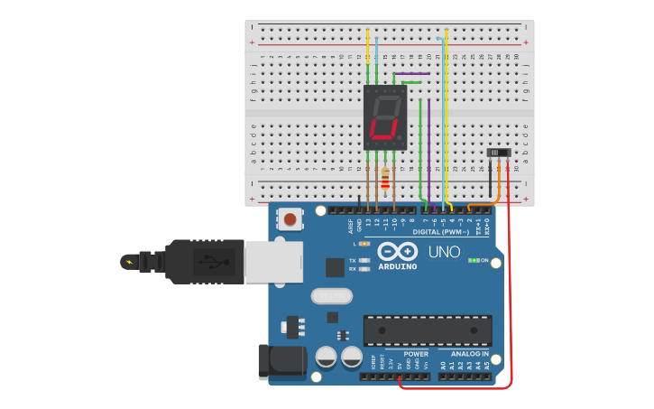 Circuit design Interfacing 7 Segment Display using push button - Tinkercad