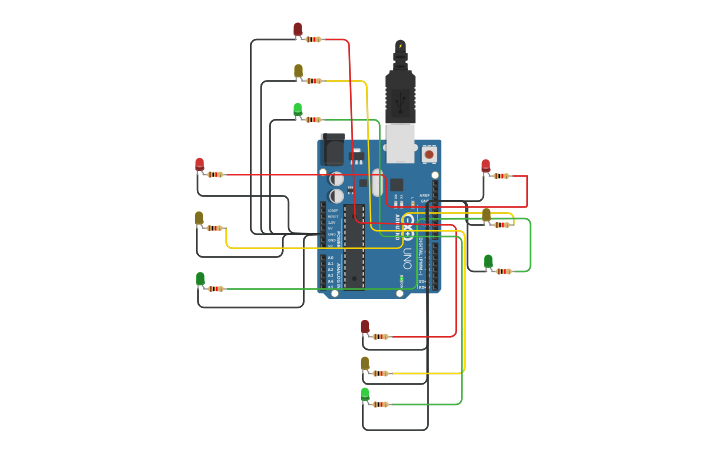 Circuit design Semáforos Cruzamento - Tinkercad
