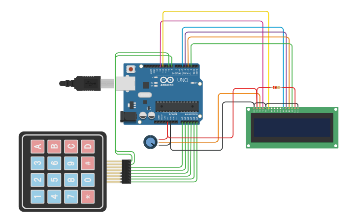 Circuit design Desafio 10(teclado 4x4 e o L.C.D) - Tinkercad