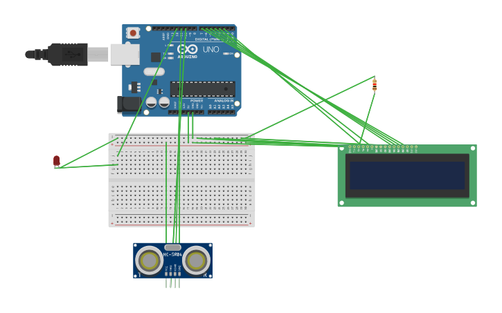Circuit design UltraSonic Distance Sensor with LCD and LED - Tinkercad