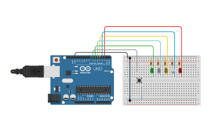 Circuit design Zadanie 4_5x Diody z przyciskiem | Tinkercad