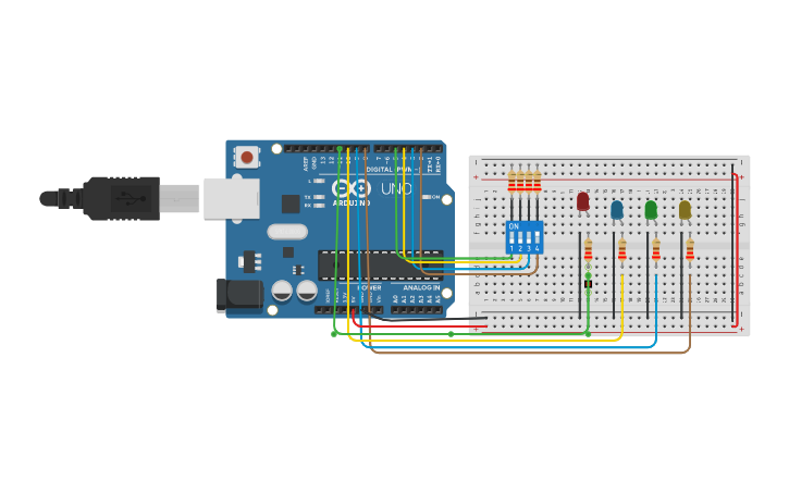 Circuit design Rutina de encendido y apagado de Leds - Tinkercad