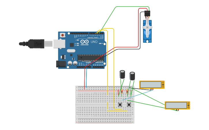 Circuit design ServoMotor con push boton de direccion. - Tinkercad