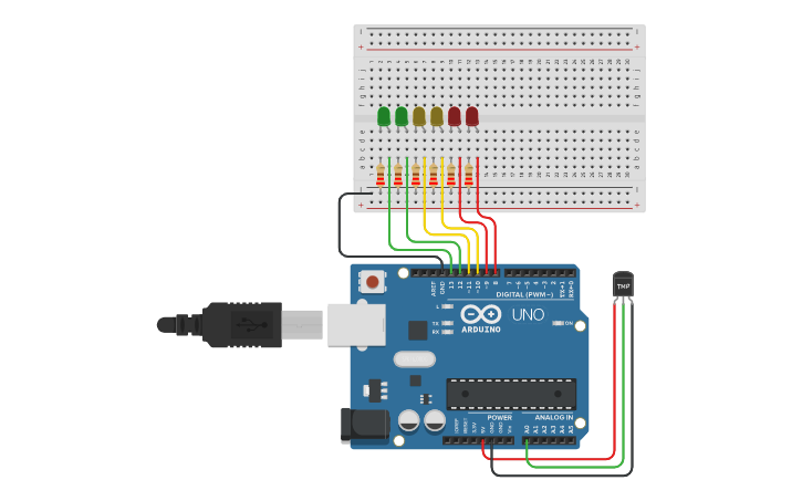Circuit design Temparature Gauge - Tinkercad