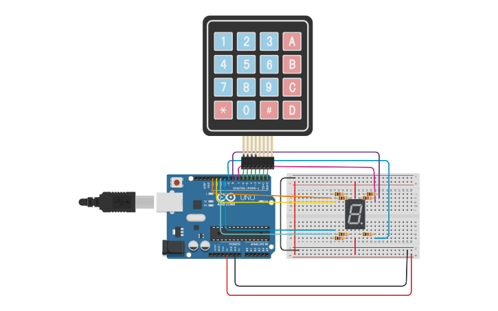 Circuit design Keypad+7segment - Tinkercad