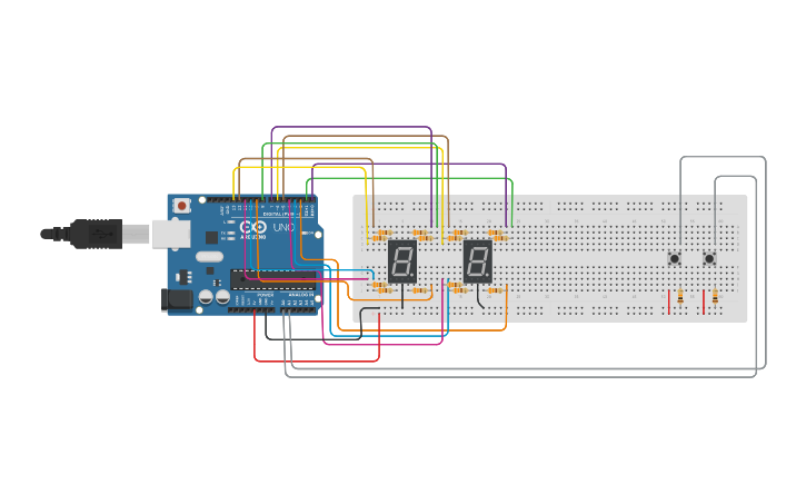 Circuit Design Contador Con 2 Display Y 2 Pulsadores - Tinkercad