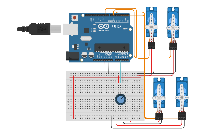 Circuit design Lab 12-4 Potentiometer x1 Control Servo x4 | Tinkercad