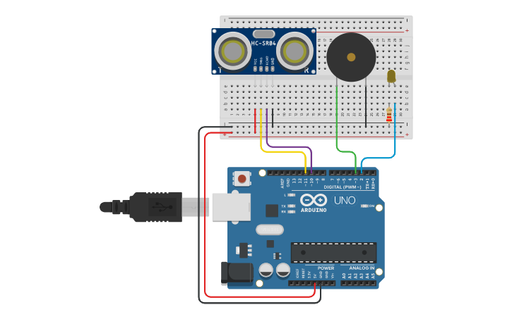 Circuit design 5.1 HC-SR04, Buzzer y Led. - Tinkercad