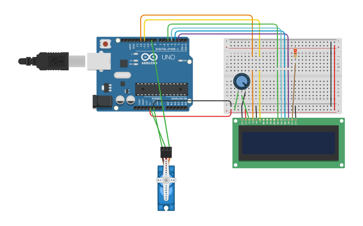 Circuit design lcd with servo motor - Tinkercad
