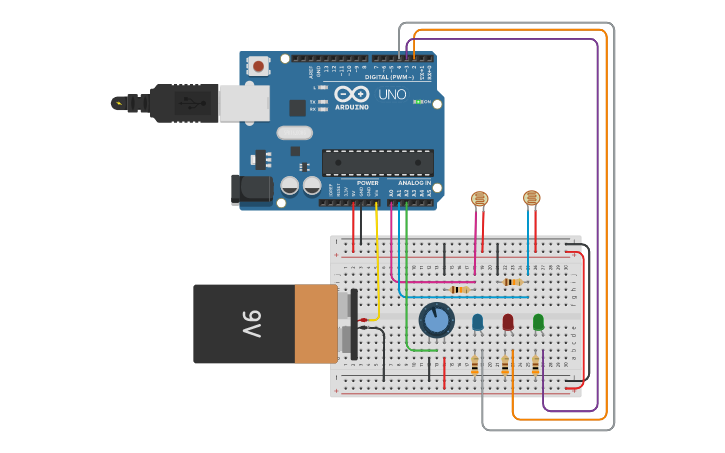 Circuit design (Leonardo com 2 LDRs) Hack Dino 2.0 - Tinkercad