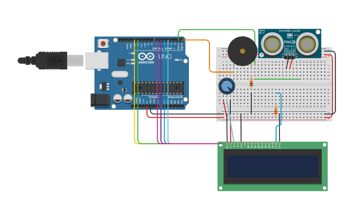 Circuit design ultrasuoni e LCD | Tinkercad