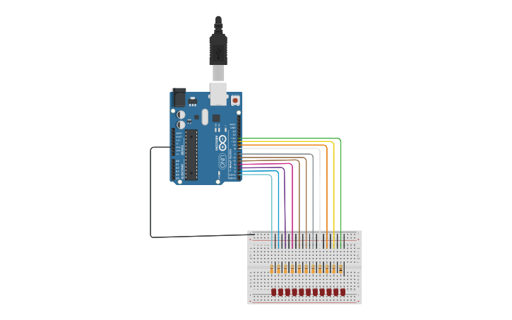 Layout Running Led Circuit design running led with FOR - Tinkercad