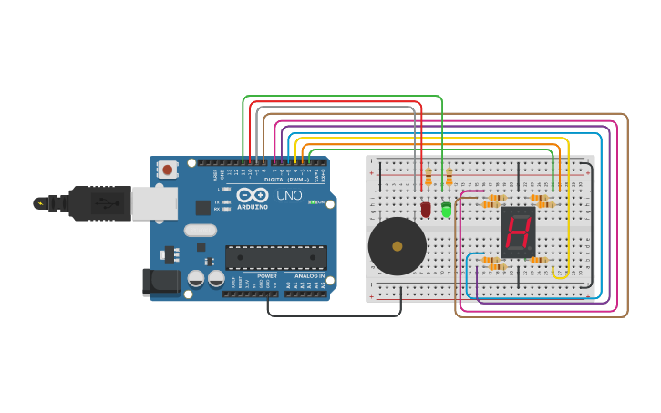 Circuit design Buzzer y Display 7 segmentos | Tinkercad