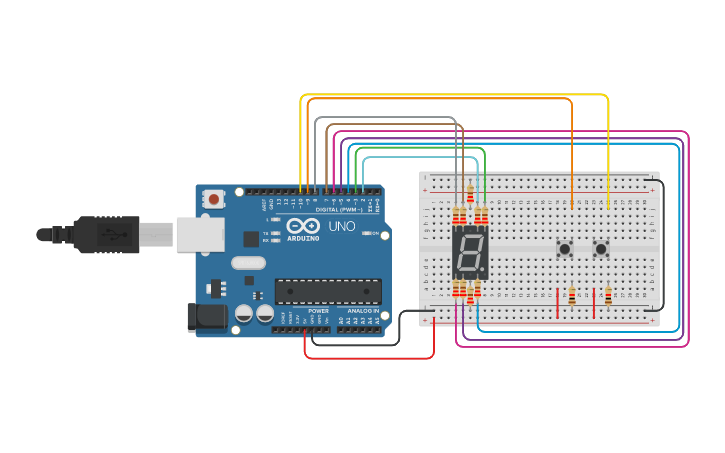 Circuit design Seven segment control with buttons - Tinkercad