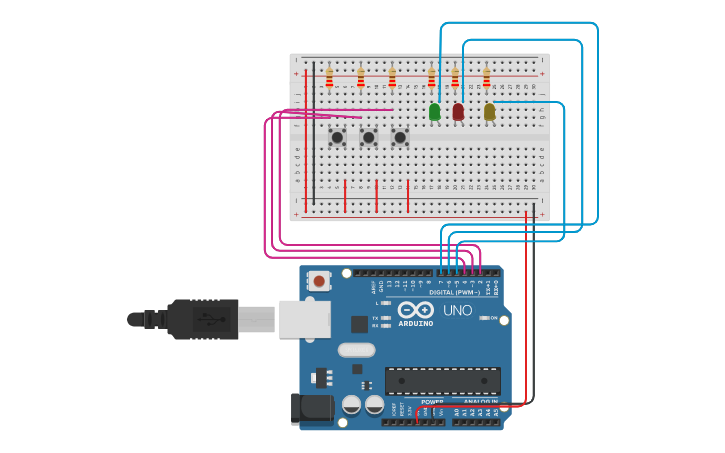Circuit design Circuito con 3 pulsadores - Tinkercad