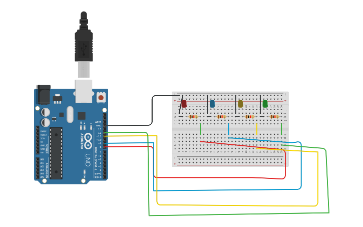 Circuit design project of 4 led - Tinkercad