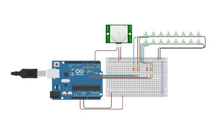 Circuit design RGB Led with PIR Sensor - Tinkercad