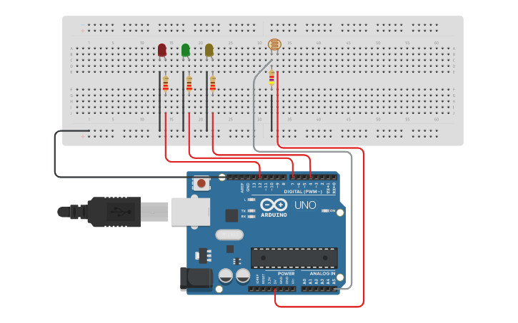 Circuit design Practica_FOTORESISTENCIA Y LEDS | Tinkercad