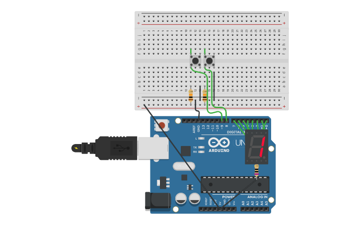 Circuit design seven segment and button | Tinkercad