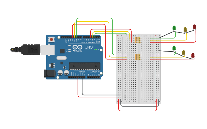Circuit design AT de Eletiva (semáforo duplo) - Tinkercad