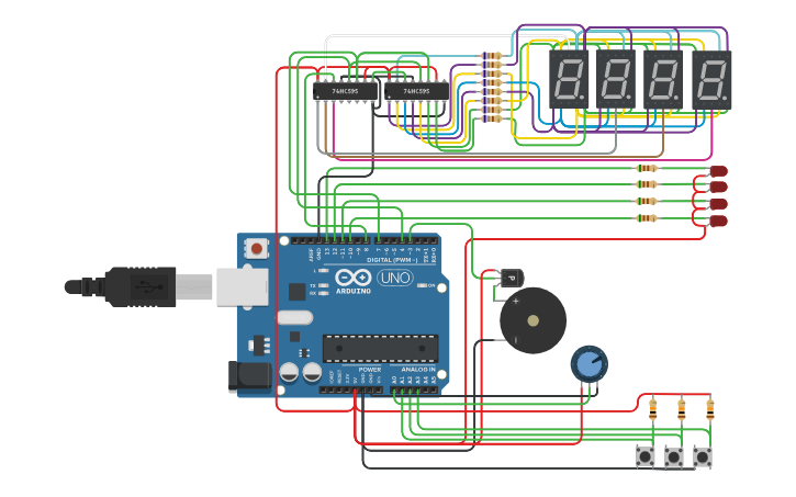 Circuit design Arduino with 7segLED & LEDs & Button etc | Tinkercad