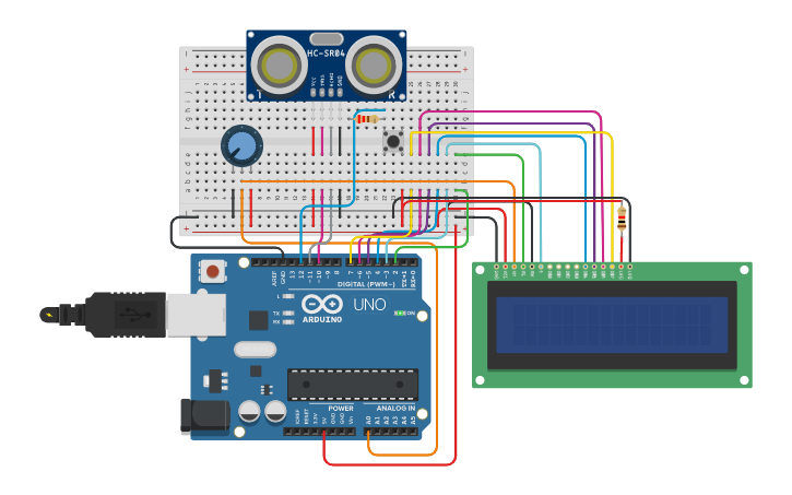 Circuit design Display LCD y sensor de distancia (con Arduino) - Tinkercad