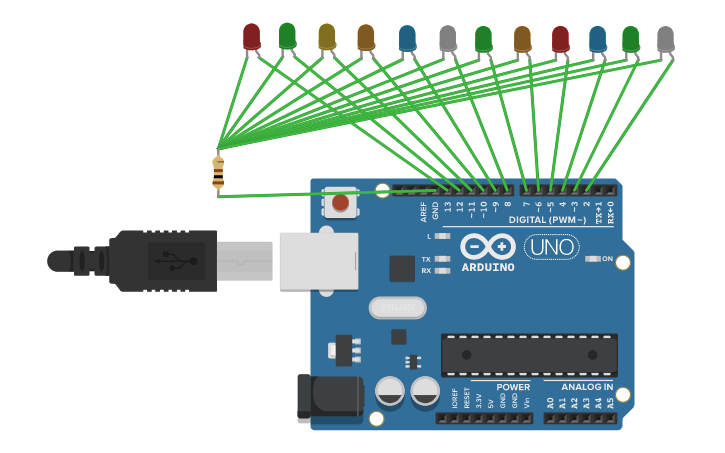 Circuit design Dancing LEDs | Tinkercad