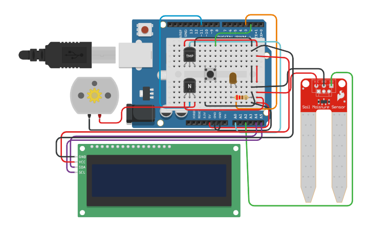 Circuit design Smart Irrigation System - Tinkercad