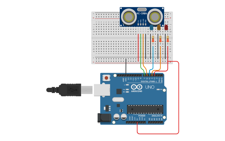 Circuit design Sensor Ultrasonico con leds - Tinkercad