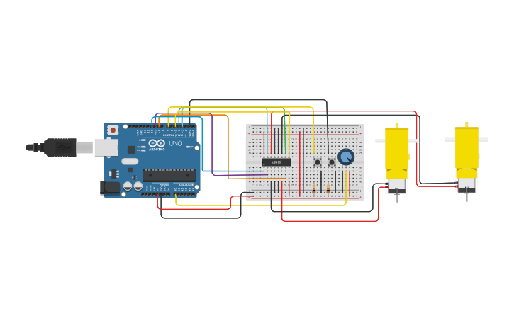 Circuit design DC MOTOR + POTENTIOMETER + PUSH BUTTON - Tinkercad