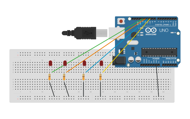 Circuit design 4 leds - Tinkercad