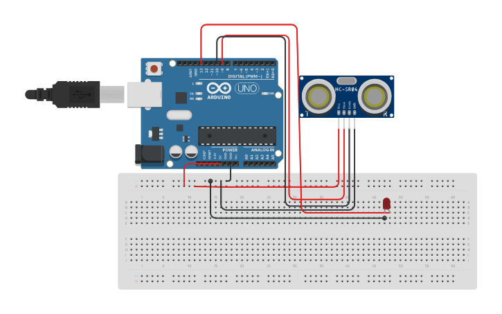 Circuit design ULTRASONIC SENSOR WITH AN LED - Tinkercad