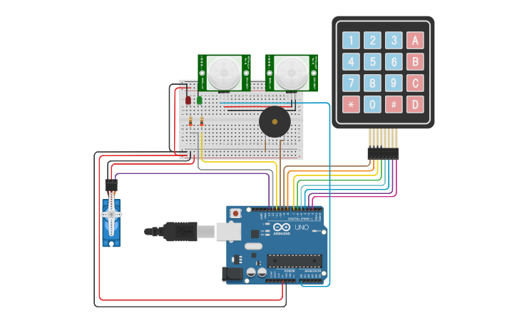 Circuit design Arduino keypad input with servo, pir sensor, buzzer and ...