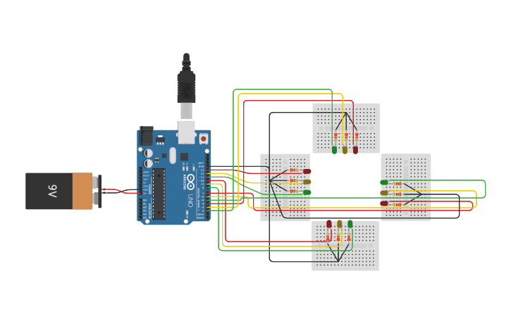 Circuit design Arduino 4 Lane traffic light controller - Tinkercad
