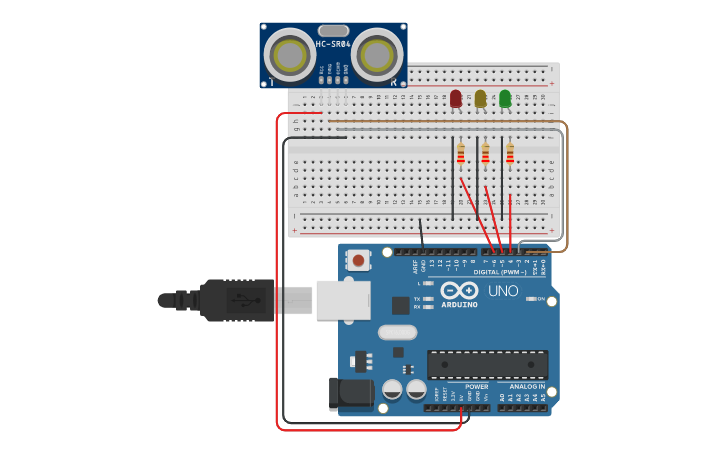 Circuit design LED CONTROL WITH ULTRASONIC SENSOR - Tinkercad