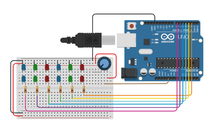 Circuit design LED Chaser | Tinkercad