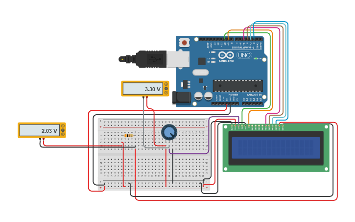 Circuit design LCD with potentiometers - Tinkercad